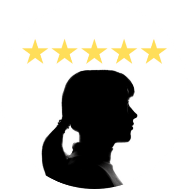 Silhouette of a woman in shadow with five stars above her head.
