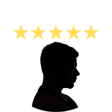 Silhouette of a man in show with five yellow stars above his head.